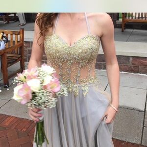 La Femme Gold and Gray Prom Dress